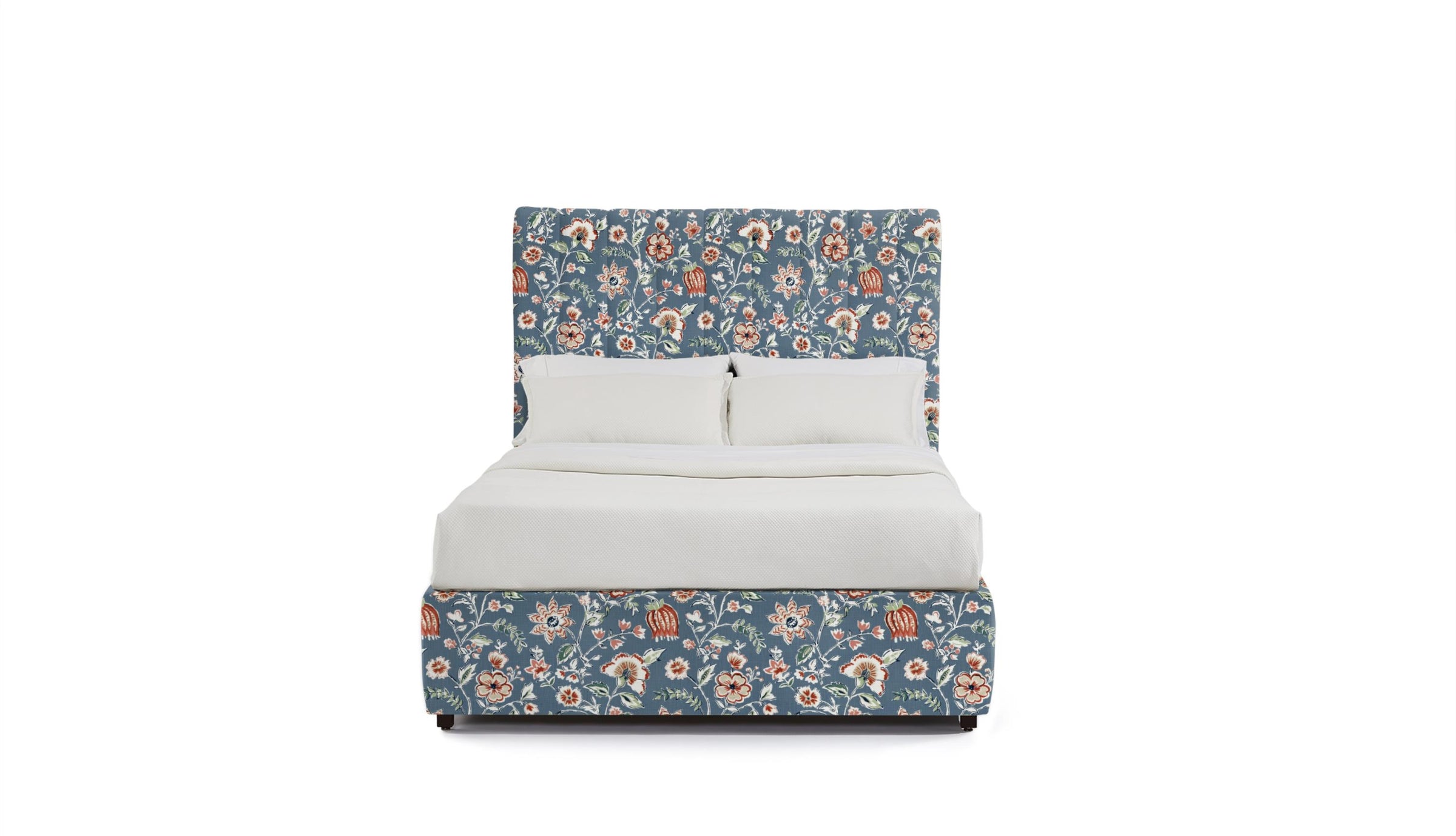 Stanford horizontal channel Bed with floral headboard and white bedding.