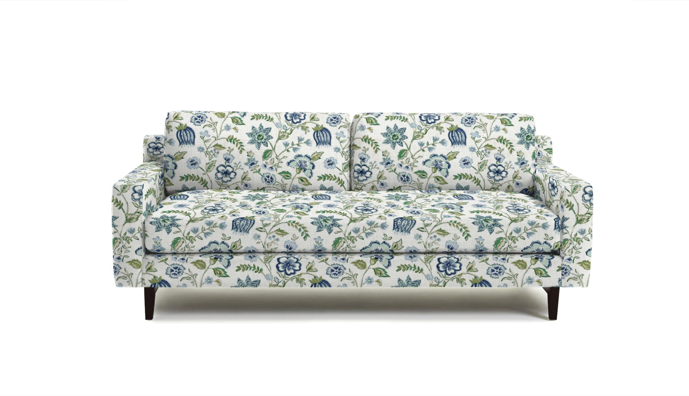 sofa in fabric featuring a floral pattern with blue and green colors on a white background.