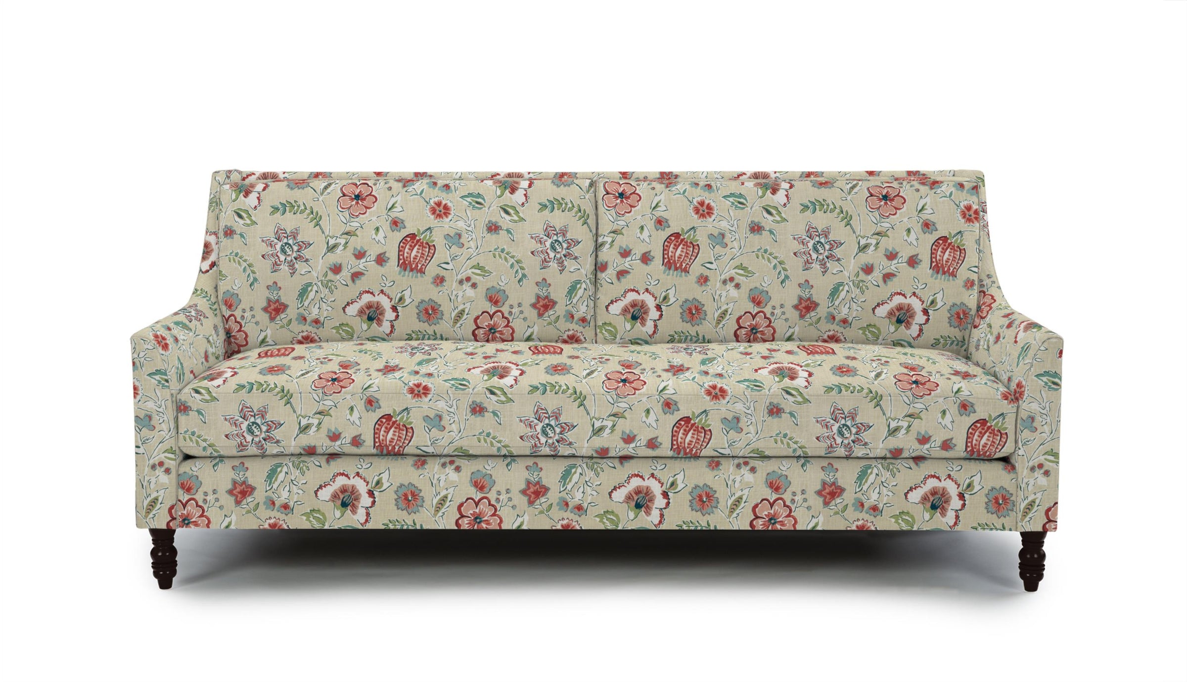 sofa in fabric featuring a floral pattern with peony flowers in pink and red colors on a beige background.