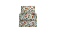 chair in fabric featuring a floral pattern with a mix of pink, red, and multicolor flowers on a fabric.