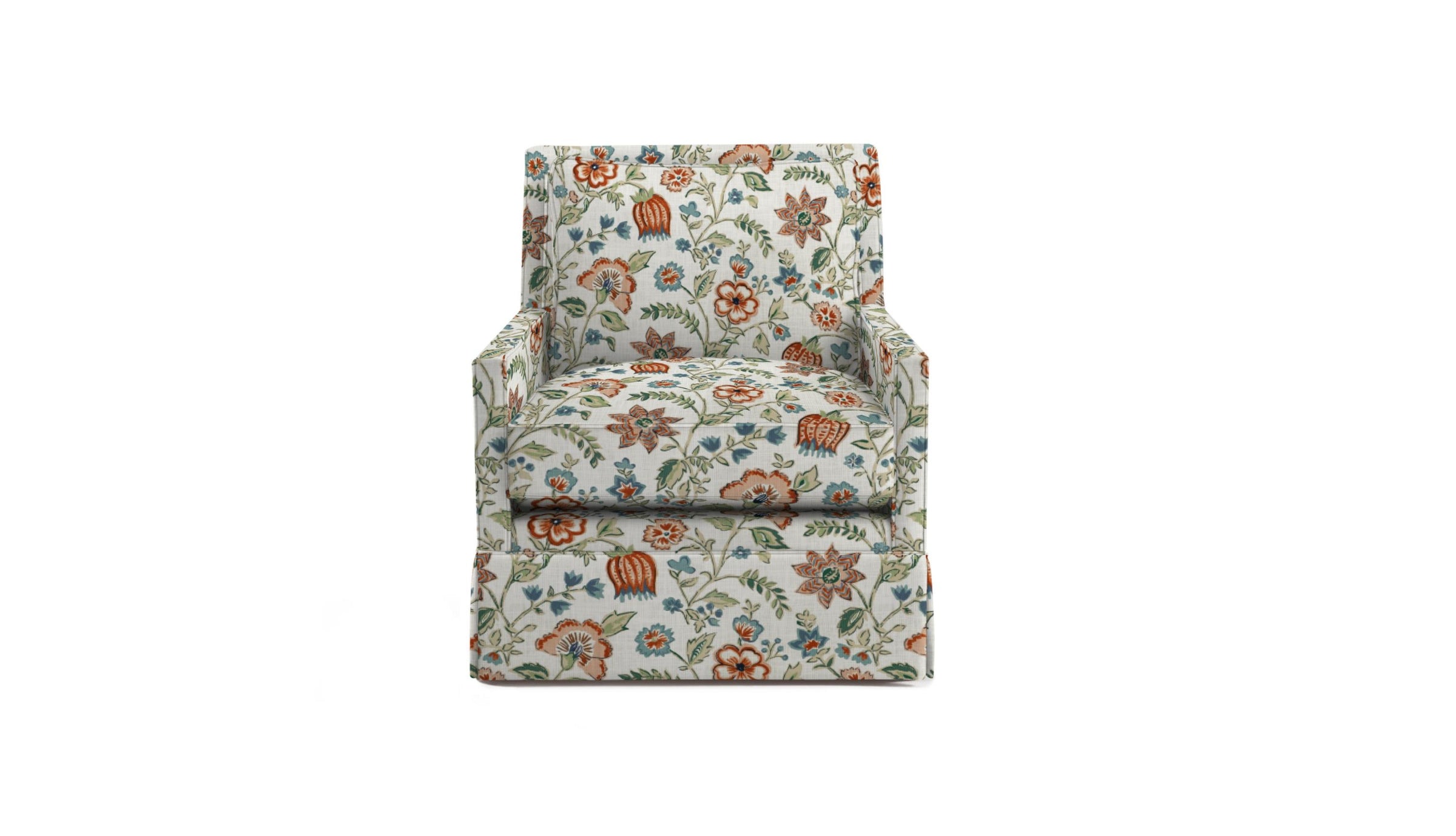 chair in fabric featuring a floral pattern with a mix of pink, red, and multicolor flowers on a fabric.