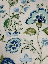 Close-up of floral fabric pattern with blue and green flowers on a white background