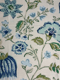 Close-up of floral pattern with blue and green flowers on a white background