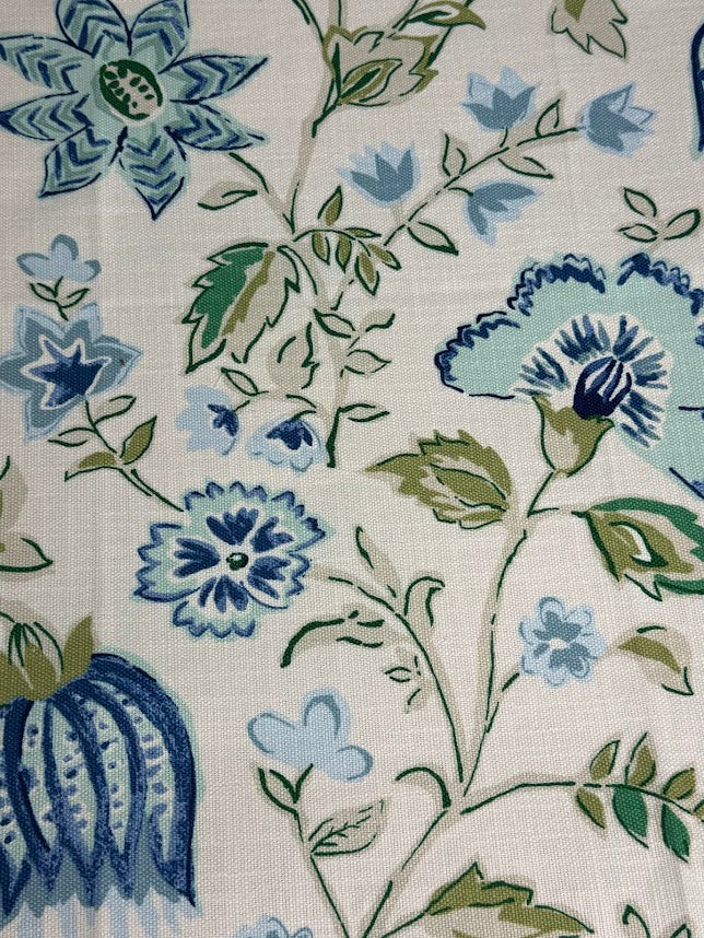Close-up of floral pattern with blue and green flowers on a white background