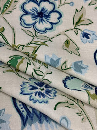 Close-up of floral fabric with blue and green flowers on a white background