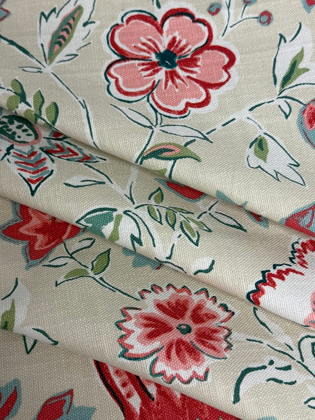 Floral fabric pattern with red flowers on a beige background
