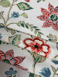 Close-up of floral fabric with red, green, and blue flowers on a white background