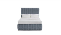 Stanford blue patterned headboard on a white background