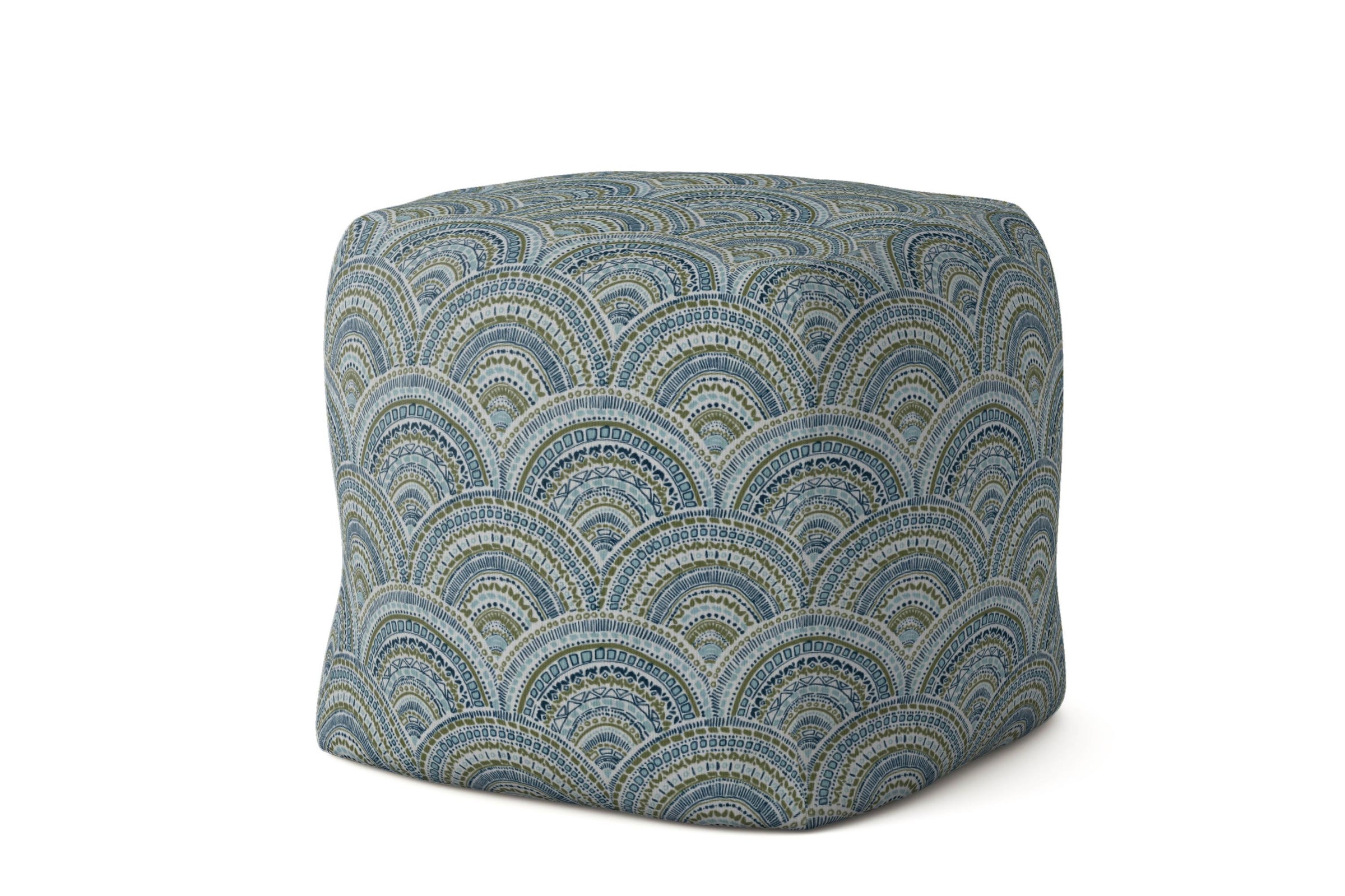 Patterned cube-shaped marlow ottoman on a white background