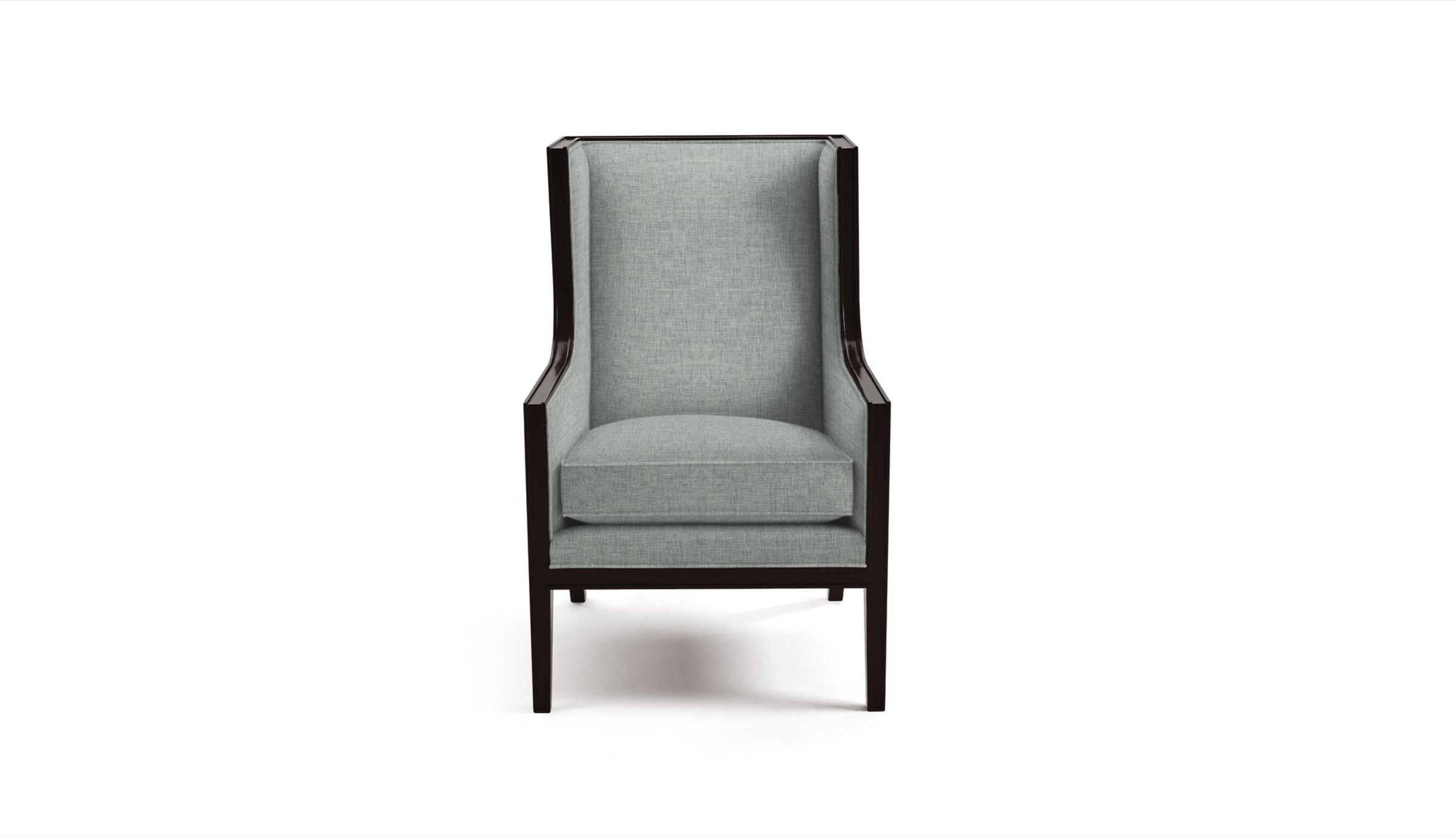 Blue grey dylan armchair with black frame on a white background