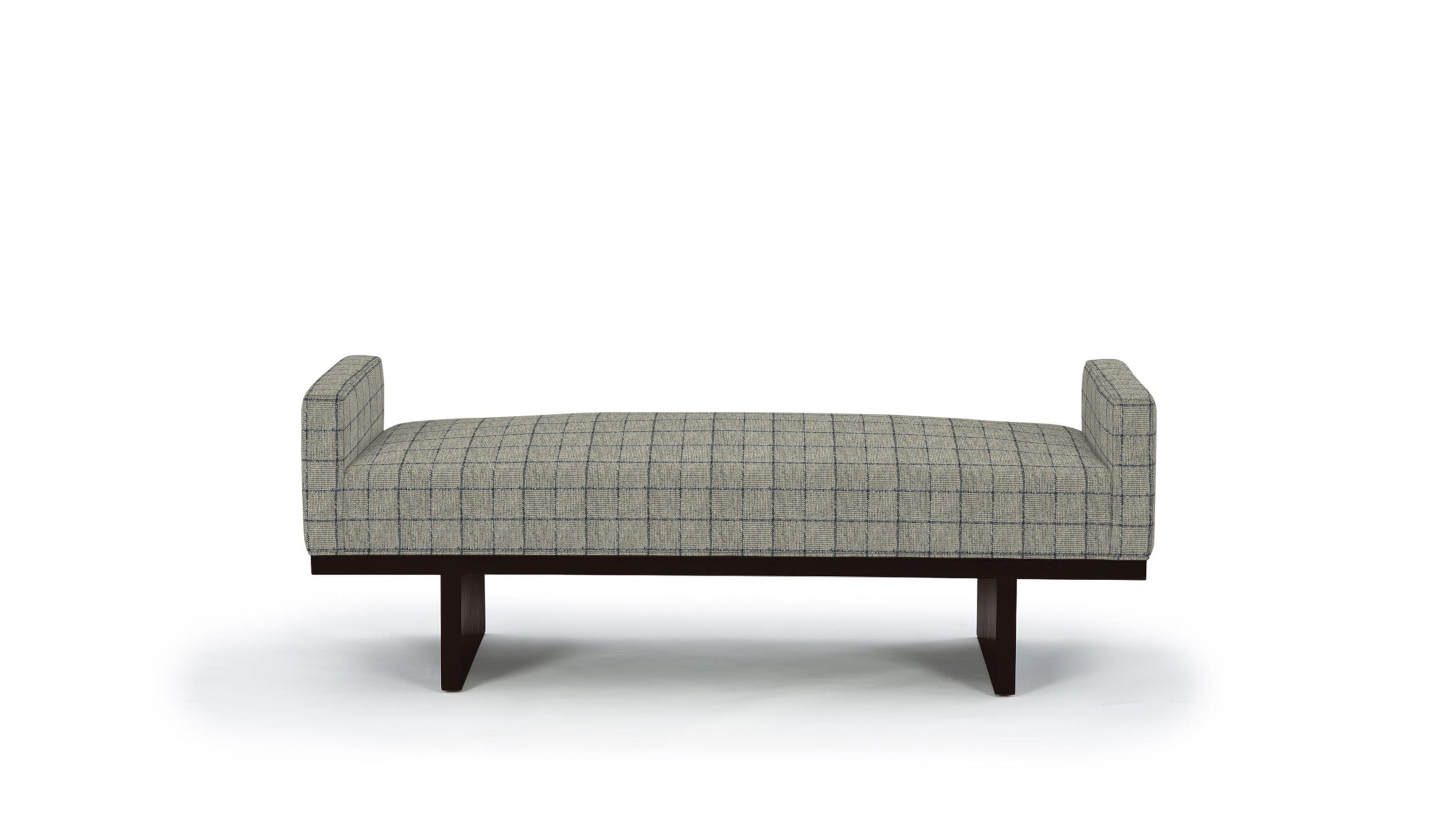 Olivia Plaid bench with wooden legs on a white background