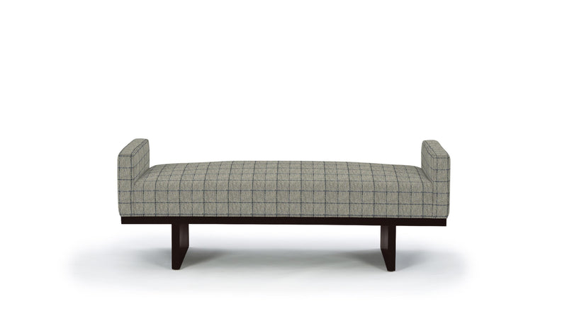 Olivia Plaid bench with wooden legs on a white background