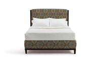 Patterned Maddy headboard and white bedding on a white background