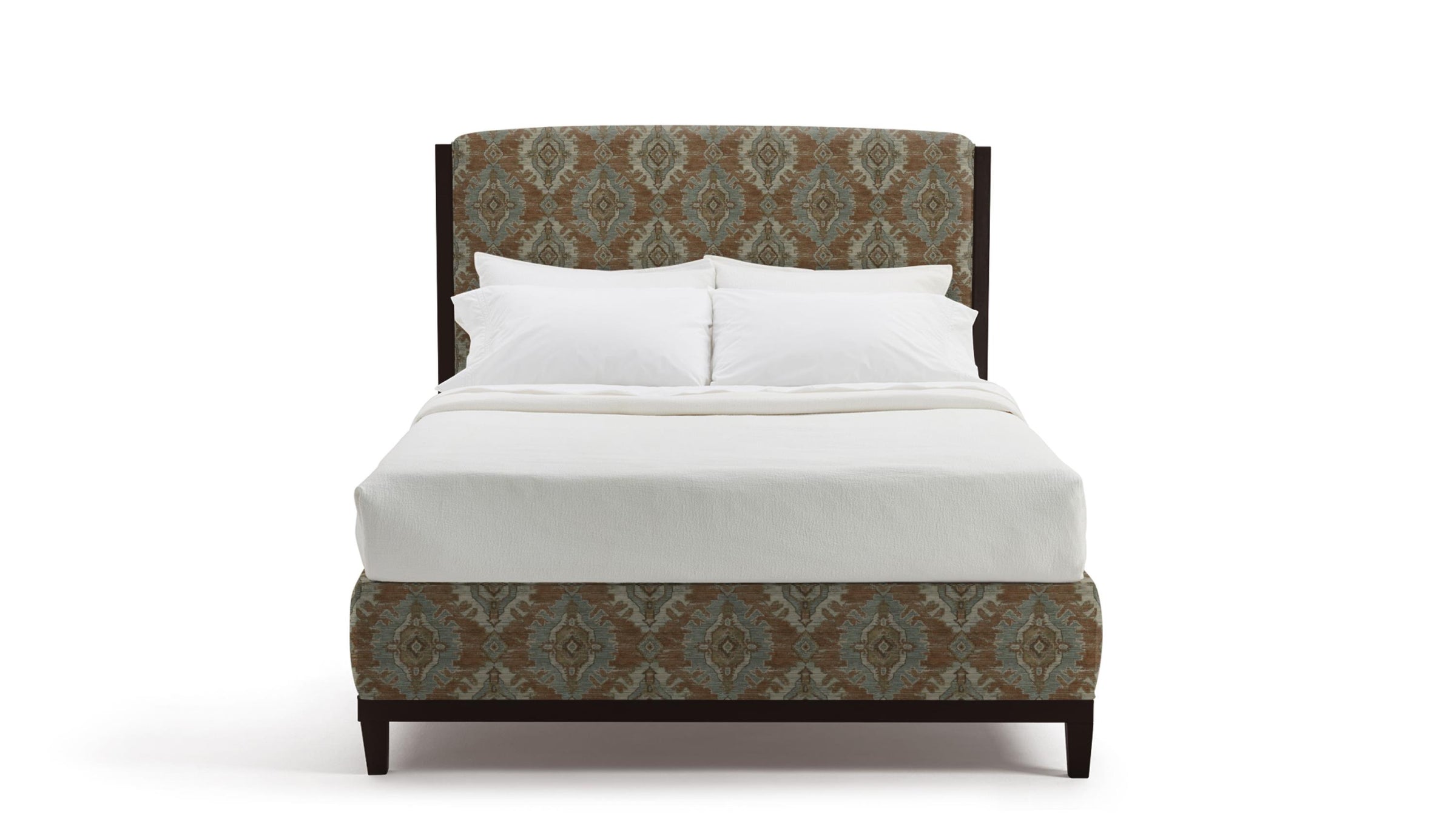 Patterned Maddy headboard and white bedding on a white background