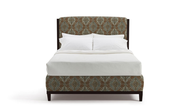 Patterned Maddy headboard and white bedding on a white background