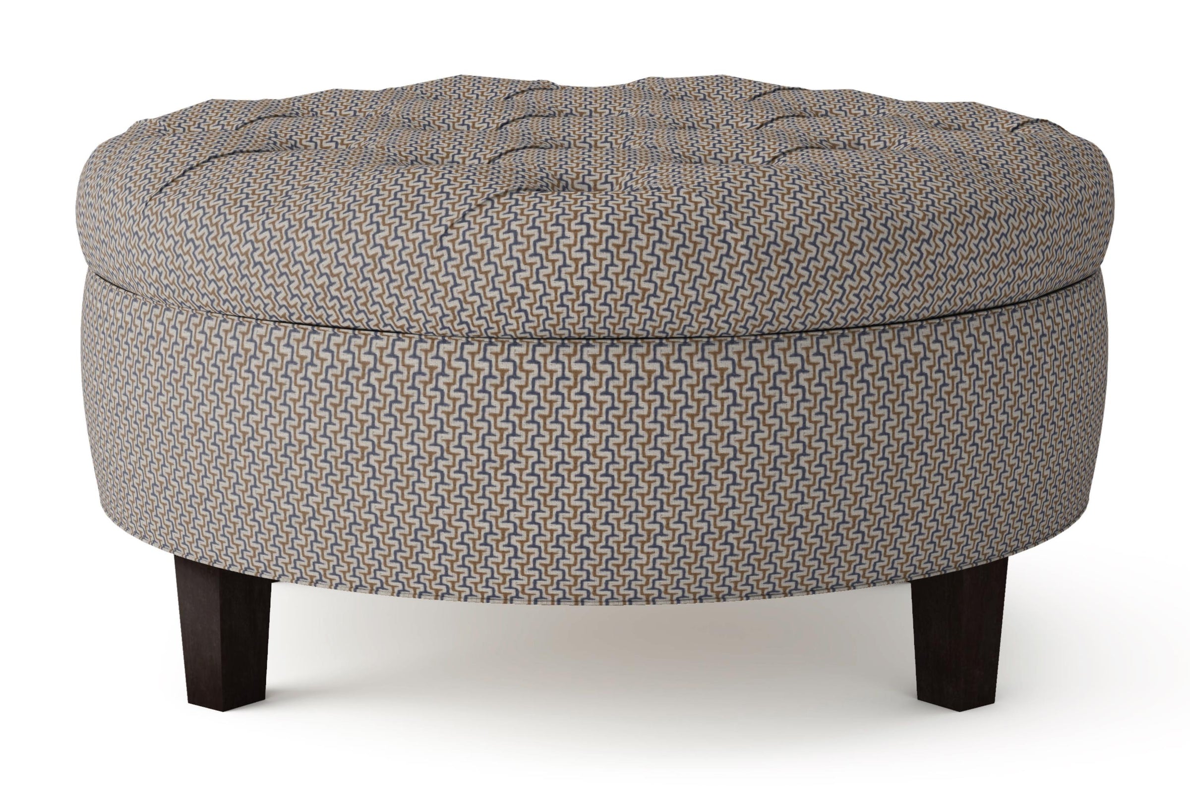 Round patterned morgan ottoman with dark wood legs on a white background