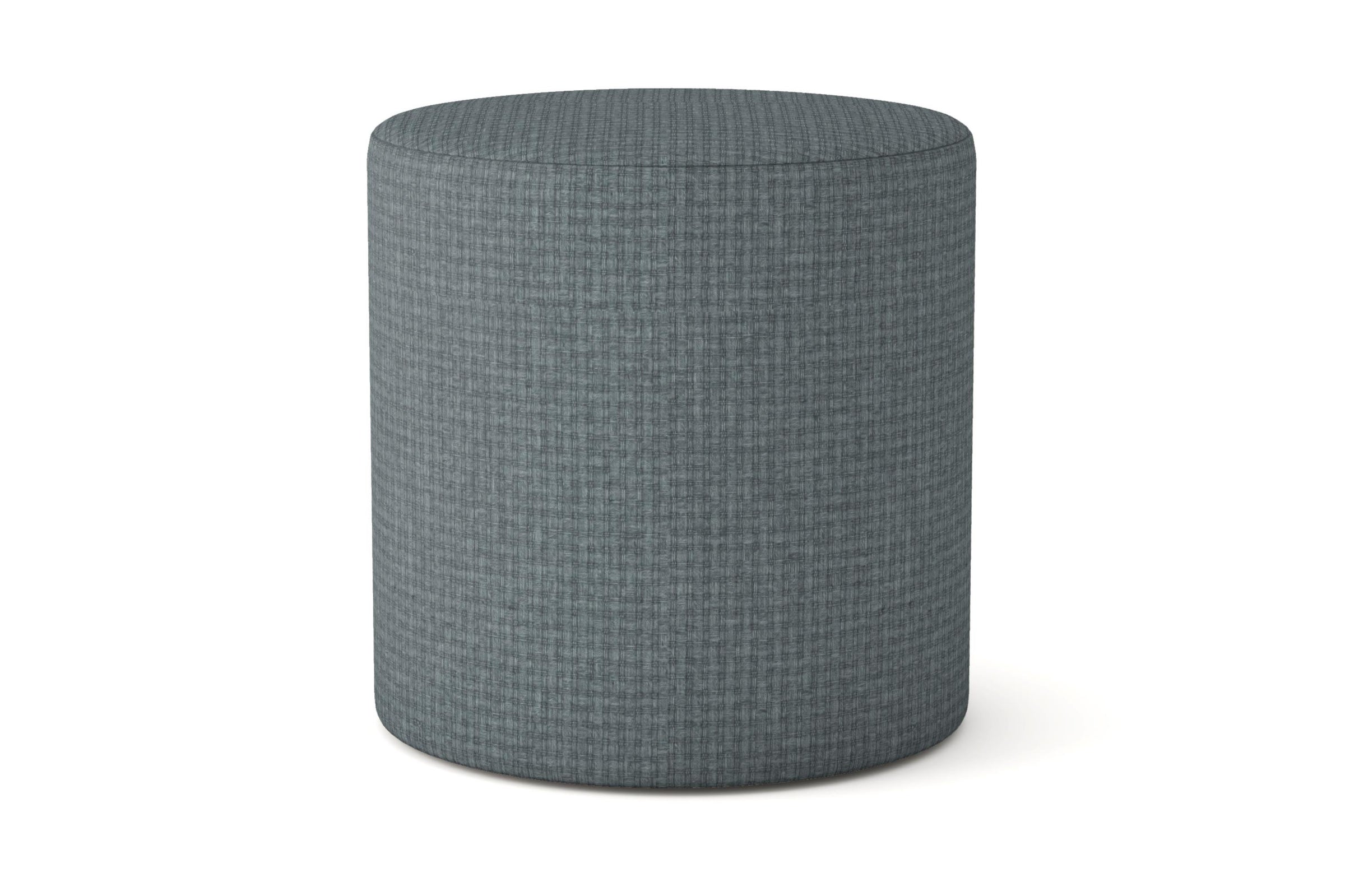 Clarence Round blue green ottoman with a textured pattern on a white background
