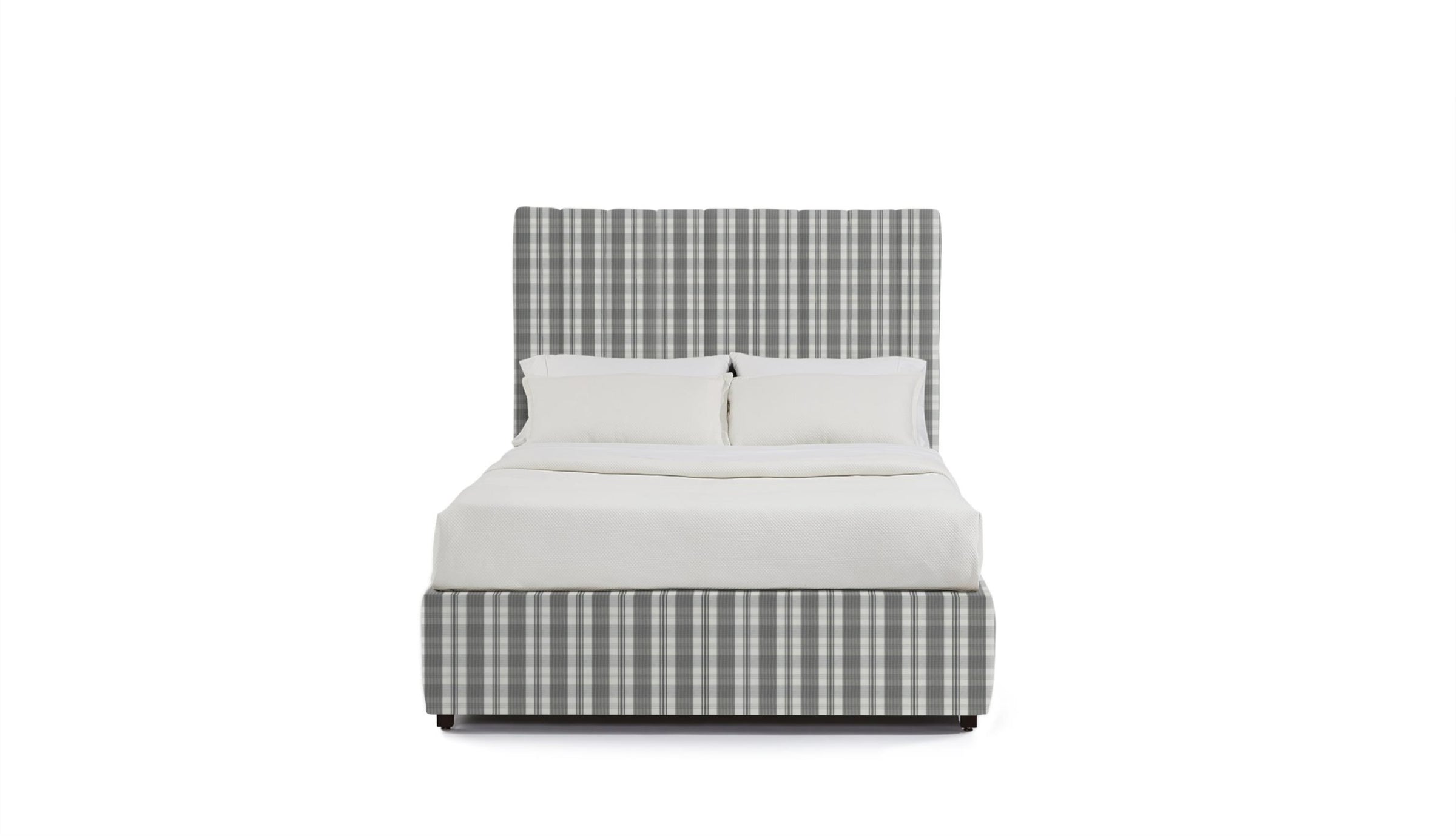 Bedframe in plaid gray and white fabric