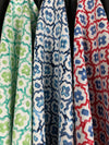 fabric swatches showing emerald, indigo and americana colorways