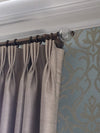 custom silk panels, pinch pleat, custom hardware, wallpaper,